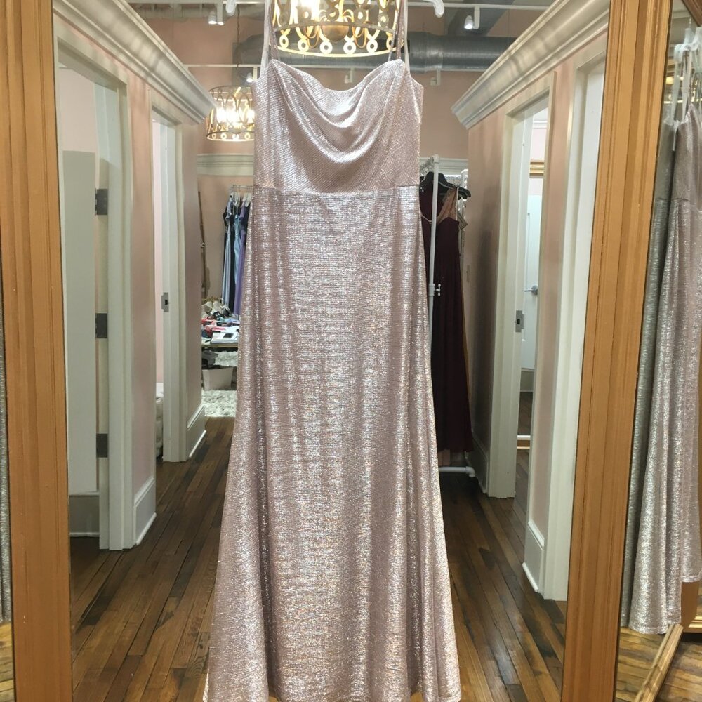 Hayley Paige Occasions Rose/Silver Liquid Metal Shimmer Formal Evening Dress 10